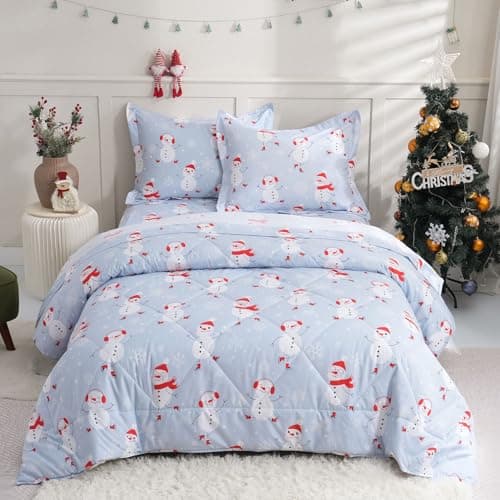 JSD Blue Snowman Kids Comforter Set Twin Size, 2 PC Christmas Winter Printed Microfiber Bedding Set