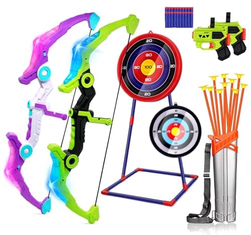 JoyRapt 2 Pack Bow and Arrow for Kids 8-12, Kids Bow and Arrow Set with 10 Suction Cup Arrows, 2 Archery Target & 1 Quiver, Archery Set for Kids Girls Boys Birthday Toys (Purple&Green)