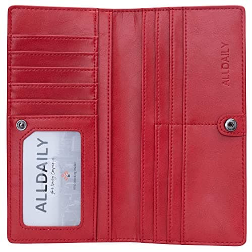 Alldaily Ultra Slim Thin Women Wallet RFID Blocking Credit Card Holder Bifold Long Ladies Billfold (Red)