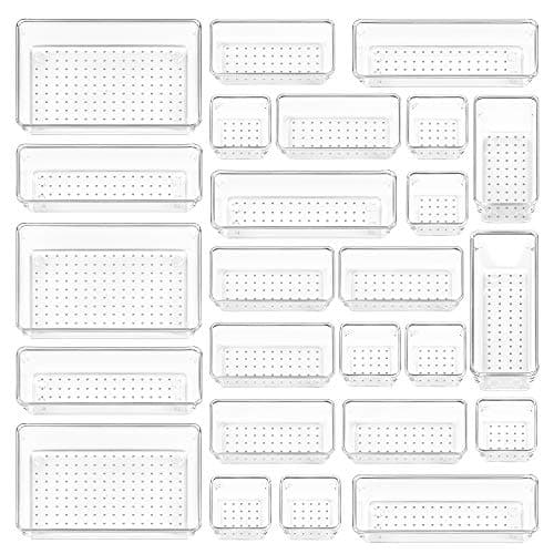 Vtopmart 25 PCS Clear Plastic Drawer Organizers Set, 4-Size Versatile Bathroom and Vanity Drawer Organizer Trays, Storage Bins for Makeup, Bedroom, Kitchen Gadgets Utensils and Office