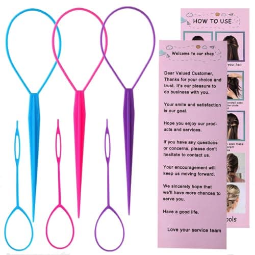 Aigee 6pcs Topsy Tail and Hair Loop Styling Tool Set - Ponytail Makers, French Braid Loops in Large and Small, Hair Pull Through Tools (Pink, Blue, Purple) for Women and Girls