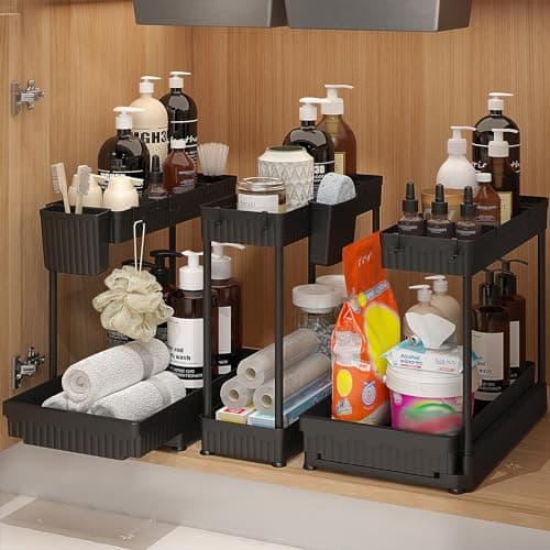 Sevenblue 3 Pack Under Sink Organizers and Storage L-Shaped, 2 Tier Sliding Bathroom Organizers and Storage with Hooks Hanging Cup, Multi-Purpose Cabinet Organizers for Kitchen Bathroom, Black