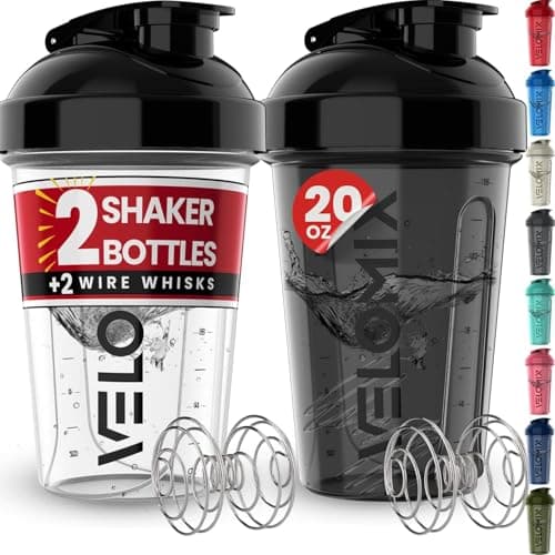 VELOMIX -2 Pack- 20 oz Protein Shaker Bottles for Protein Mixes - 2x Wire Whisk | Leak Proof Shaker Cups for Protein Shakes and Pre Workout | Protein Shaker Bottle Pack (Black/Transparent)