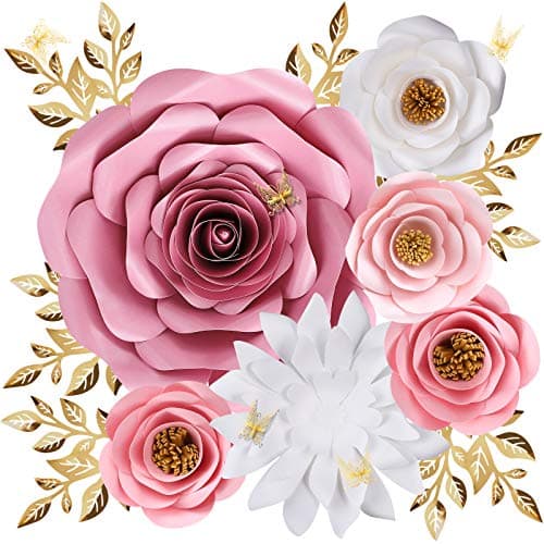 Large Paper Flowers Decorations for Wall, Artificial 3D Flower Wall Decor with Gold Butterfly Sticker for Baby Girl Nursery Room, Pink Roses Spring Garden Tea Party Bulletin Board Decoration
