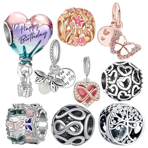 9 Pack Silver Spacer Beads Charms fit Pandora Bracelet Butterfly Pink CZ Pendant Set Enamel Heart Balloons Happy Birthday