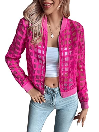 Floerns Women's Hollow Out Long Sleeve Baseball Collar Zip Up Bomber Jacket Hot Pink L