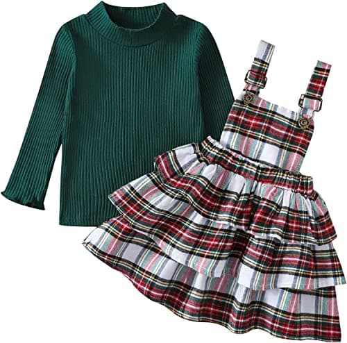Okbabeha Toddler Girl Christmas Outfits Plaid Dress Solid Shirt Suspender Skirt 1T 2T 3T 4T 5T Kids Girls Overall Dress Set (Green+White Plaid Dress,3-4T)