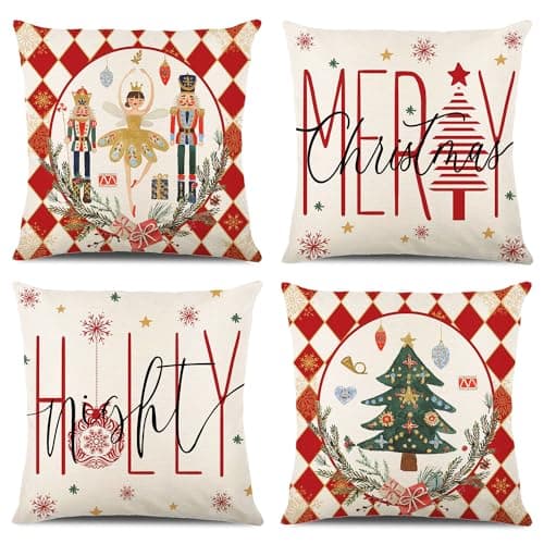 ONFAON Merry Christmas Joy Xmas Trees Red Throw Pillow Covers, 18 x 18 Inch Christmas Winter Holiday Cushion Case Decoration for Sofa Couch Set of 4