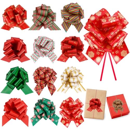 Best Christmas Bows for Gift #4 from YGAUZ Pull Bows for Gift Wrapping 12 Pcs Christmas Ribbon for Gift Wrapping, 5.9 Inch Large Christmas Bows for Presents Wrap Supplies, Holiday Ribbon Xmas Decorations for Wedding Party Birthday