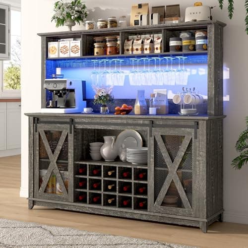 63"Wide 58"H Farmhouse Coffee Bar Cabinet with LED Light,Wine Bar Cabinet w 4 Storage Hutch,Kitchen Buffet Cabinet wSliding Barn Door & 15 Wine and Glass Racks for Kitchen Dining Room(Dark Rustic Oak)