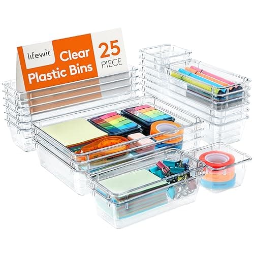 Lifewit Drawer Organizer 25PCS, 4 Sizes Clear Plastic Desk Drawer Dividers, Storage Separation Bins for Make Up, Kitchen Utensils, Vanity Accessories in Office/Bathroom/Bedroom Organization