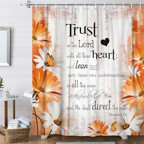 Rustic Farmhouse Orange Shower Curtain Bible Verse Inspirational Shower Curtain Country Farm Yellow Fall Daisy Flowers Butterfly Abstract Shower Curtain Set, Grey Shower Curtain for Bathroom, 69X70IN