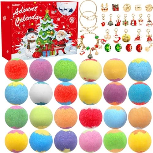 Advent Calendar 2025, Christmas 24 Pack Bath Bombs for Kids with Surprise Jewelry Toys Inside DIY Bracelets Making Kit, Natural Handmade Pure Essential Oil Bubble Bath Balls Gifts for Kids Girls