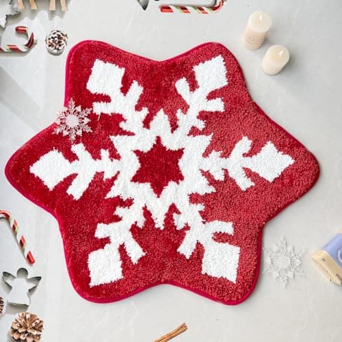 YRXRUS Christmas Snowflake Bathroom Rug, Christmas Decorations, Red White Snow Shaped Mat, Living, Bedroom, Kitchen, Children's Room, Porch Mat, Accent Area Rugs 25.6x25.6 Inches