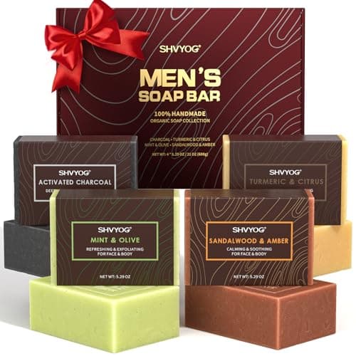 SHVYOG Mens Soap, 4 Pack Mens Bar Soap, Gift for Men Natural Cold Pressed Handmade Exfoliating Soap, Deep Cleansing, Moisturizing Bar Soap, Sandalwood Amber, Mint, Charcoal, Turmeric - 150G*4