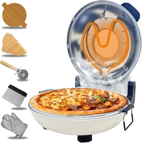 ECUMFFY Pizza Oven Indoor, 12 Inch Retro Pizza Maker, Rapid Heating 800˚F, 1200W Glazed Ceramic Stone Electric Pizza Cooker, Two-button Precise Temperature Control, Viewing Window for Precise Cooking