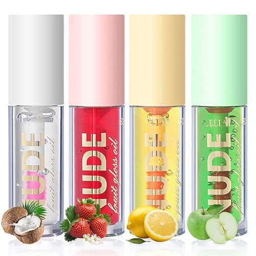 4Pcs Fruit Color Changing Lip Gloss Lipstick Set,Temperature Color Changing Lip Oil Tinted Lip Stain Lip Balm, Long Lasting Moisturizing Lip Glow Oil for Lip Care, Coconut Strawberry Orange Apple