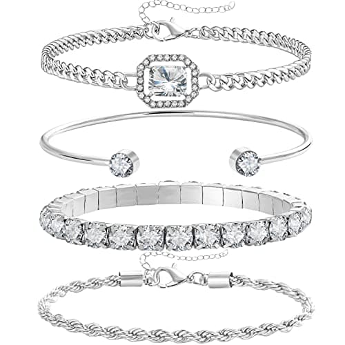 17IF 4 Pcs Dainty Silver Bracelets Set for Women 14K Plated Link Cubic Zirconia Paperclip Stack Layering Chain Adjustable Trendy Hand Jewelry (Silver)