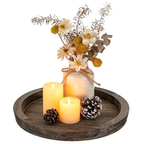 Hanobe Wooden Tray for Coffee Table: Candle Holder Plate Round Decorative Serving Tray - Vintage Table Centerpiece Rustic Farmhouse Home Decor