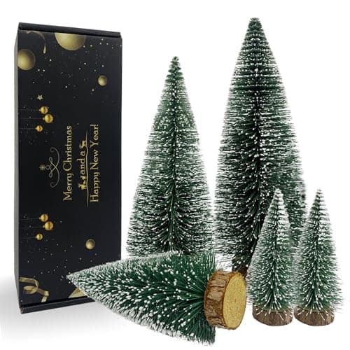 Desktop Miniature Christmas Trees Mini Pine Tree 5pcs with Snow and Wood Base for Xmas Holiday Party Home Tabletop Decor