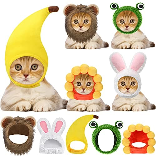 Weewooday 5 Pcs Cat Adorable Costume Bunny Hat with Ears Funny Mane Cat Hat for Pets and Small Dogs Kitten Puppy Party Costume Accessory Headwear(Lion, Frog, Rabbit, Sunflower, Banana)