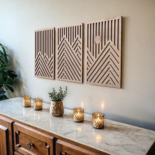 qmmp Modern Wooden Wall Sculptures - Set of 3 - Home Decor Accent - Large Wall Art for Living Room, Bedroom, Office - Easy Installation (Oak, Medium - Mountain and Sun)
