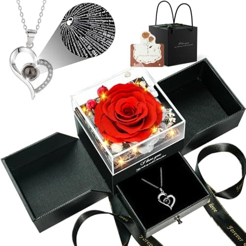 cdco Preserved Real Roses with Heart Necklace I Love You in 100 Languages, Romantic Anniversary Christmas Valentines Day Gifts for Her Women Wife Girlfriend Mom, Forever Roses Necklace Gifts Red