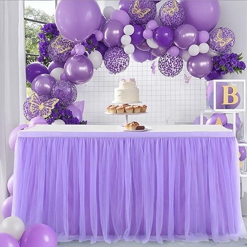 Suppromo 6ft Purple Table Skirt for Baby Shower Girl Tulle Tutu Table Skirt Rectangle Purple Table Cloth for Parties Butterfly Mermaid Birthday Wedding Cake Dessert Desk Skirt Decorations