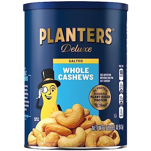 PLANTERS Deluxe Salted Whole Cashews, Party Snacks, Plant-Based Protein, Quick Snack for Adults, After School Snack, Roasted Cashew Flavored with Sea Salt, Bulk Nuts, Kosher, 1 lb 2.25oz Canister