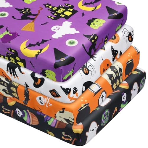 VitalCozy 4 Pcs Halloween Pumpkin Ghost Candy Witch Crib Sheets for Boys Girls 52'' x 28'' x 8'' Breathable Newborn Crib Mattress Sheets Fitted Baby Gifts for Standard Crib and Toddler Mattresses