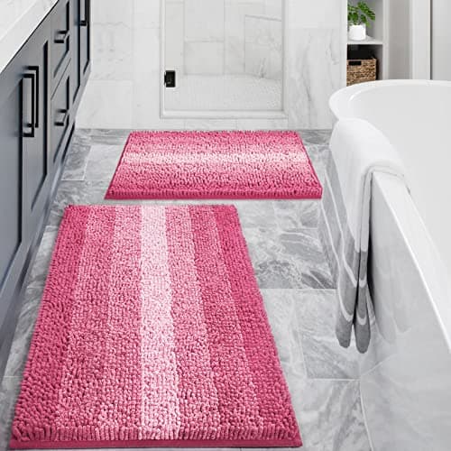 Gibelle Pink Bathroom Rug Set 2 Piece, Chenille Non Slip Bath Mat Set, Absorbent Shower Rug and Bath Room Floor Mats, Quick Dry Bathmat Bathroom Decor Accessories for Tub, 16" x 24", 20" x 32"