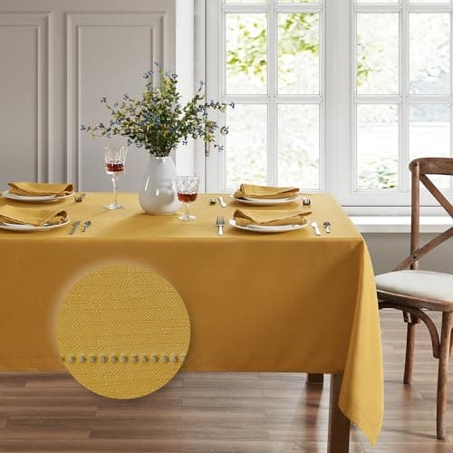 Elrene Home Fashions Alison Eyelet Border Design Wrinkle Resistant Fabric Tablecloth, 60"x102" Rectangle, Golden Yellow