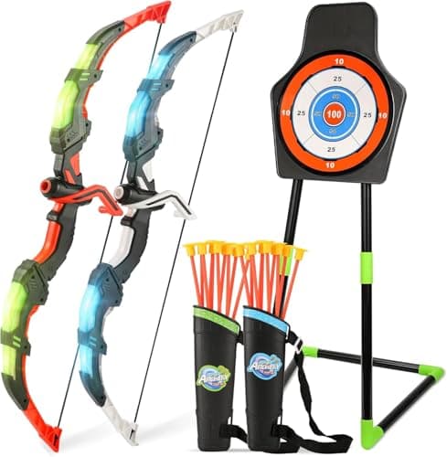 Bow and Arrow Set for Kids, 2-Pack LED Light Up Archery Set with 20 Suction Cup Arrows, Outdoor Toy for Boy Girl Age 4-8 8-12 with Standing Target&2 Quivers, Birthday Gift for Kid 5 6 7 8 9 Year Old