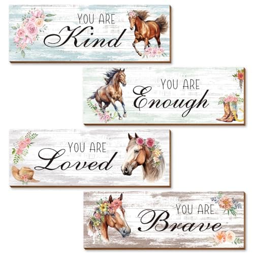 Thrist Cowgirl Horse Theme Wall Decor 4PCS Wooden Inspirational Cowgirl Theme Horse Wall Art Picture Painting Loved Brave Kind Enough Positive Quotes Wall Decor for Bathroom Bedroom Living Room