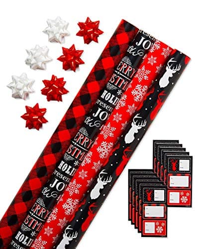 American Greetings Christmas Wrapping Paper, Red and Black Buffalo Plaid Holiday Gift Wrap Set (120 sq.ft., 4 rolls-30 in. x 12 ft., 7 Adhesive Bows, 30 Gift Tag Stickers) Rustic, Snowflakes, Reindeer