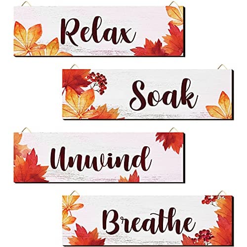 Blulu 4 Pieces Thanksgiving Fall Bathroom Wall Decor Wall Art Farmhouse Bathroom Wooden Decor Relax Soak Unwind Breathe Sign for Fall Thanksgiving Home Restroom Hotel Office(White)