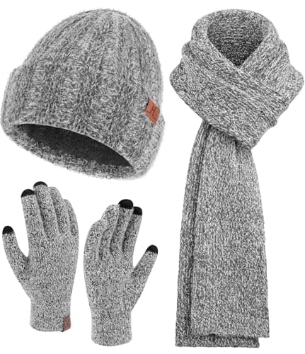 Womens Winter Warm Knit Beanie Hat Touchscreen Gloves Long Neck Scarf Set with Fleece Lined Skull Caps Gifts for Women
