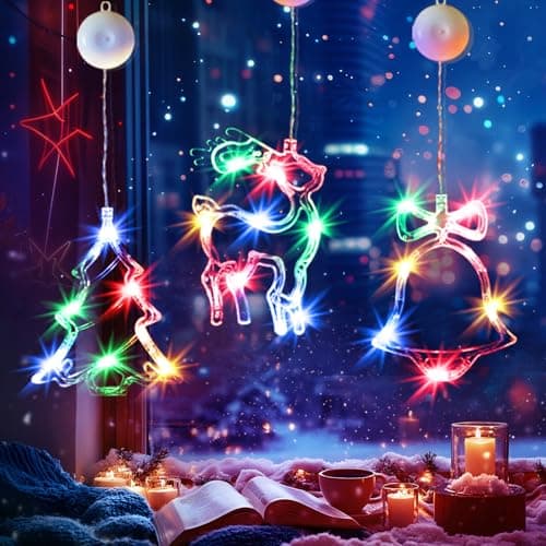 Brightown 3 PCS Lighted Christmas Window Decorations Light up Bell X-Mas Tree Reindeer Battery Operated with Suction Cup Hook for Christmas Window Glass Wall Indoor Decorations Muti-Color