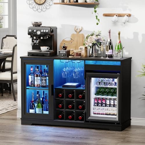 BROTTAR Wine Bar Cabinet with Fridge (Included), Liquor Coffee Cabinet with LED Lights & Rack, Mini Fridge Cabinet with Storage, Human Body Sensor, Sideboard Buffet for Kitchen Dining Room, Black