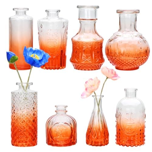 Brajttt Red-Orange Flower Vase Set, Glass Bud Vase in Bulk Set of 8,Artistic and Cultural Flavor Mini Vases for Home Office Decor, Bedroom, Office, Living Room Decorations,Wedding