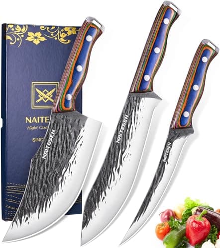 Naitesen 3PCS Hand Forged Butcher Knife Set, Very Sharp Meat Knife Serbian Chef Knife Boning Knife for Meat Cutting Kitchen Cooking BBQ Gifts for Men Father
