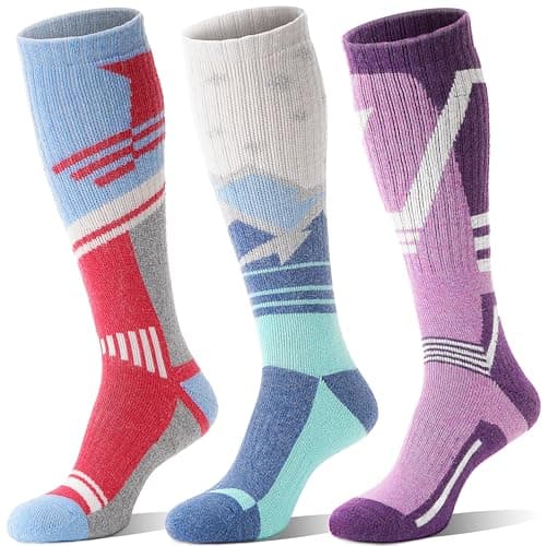 Merino Wool Ski Socks for Mens Womens Winter Thermal Warm Thick Knee High Snowboarding Skiing Socks for Cold Weather 3 Pairs Gifts Stocking Stuffers(Red/Blue/Purple,M)