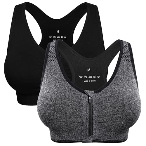 Women's Zip Front Sports Bra - Wireless, Padded, Post-Surgery, Racerback, Workout & Yoga Bra Top 2 Pack