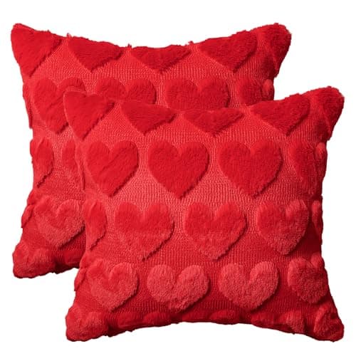 AVOIN colorlife Valentine's Day Love Heart Red Throw Pillow Covers Set of 2, 18 x 18 Inch Anniversary Wedding Home Decor Soft Plush Faux Fur Jacquard Cushion Case for Sofa Couch