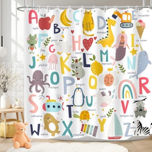 ZXMBF Kids ABC Shower Curtain Alphabet Educational Learning Tool Toddler Baby Cartoon Animals Girls Boys Colorful Bath Curtain Decor Waterproof Fabric 72Lx72W Inch with Hooks