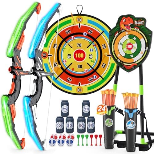 HYES 2 Pack Kids Bow and Arrow with 29" Large Dart Board, LED Light Up Archery Set with 24 Suction Cup Arrows, Indoor Outdoor Sport Toys Gifts for 3 4 5 6 7 8 9 10 11 12 Year Old Boys Girls