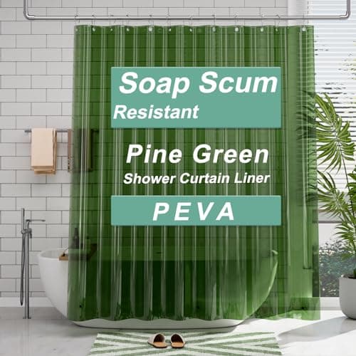 AmazerBath Shower Curtain Liner, 72x72 Transparent Pine Green Shower Curtain Liner, Lightweight Plastic Shower Curtain Liner, Waterproof Shower Liner for Bathroom with 3 Magnets and 12 Grommet Holes