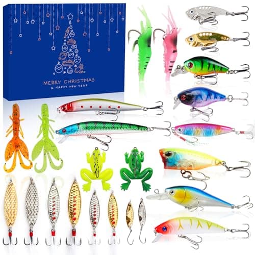 Fishing Advent Calendar 2024 Adult Men Teen Boys, Fishing Lure Advent Calendarfor Freshwater Saltwater Soft Lures Spoons Minnow Popper Crankbait VIB Fishing Gifts