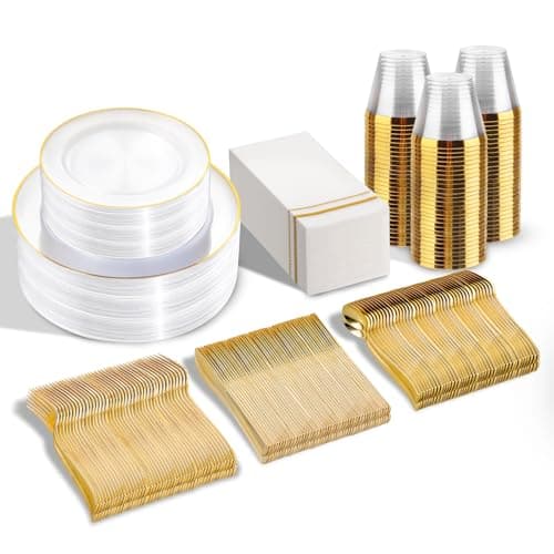 SUT 350Pcs Plastic Dinnerware Set for 50 Guests, Clear and Gold Plastic Plates, Disposable Plates and Napkins Party Supplies, Gold Plastic Silverware, Plates, Cups and Napkins Sets for Party Weddings