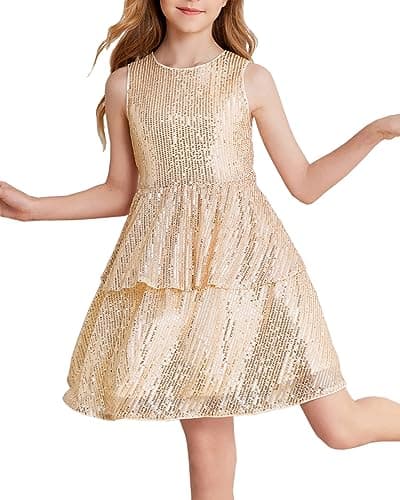 Danna Belle Sequin Dress for Girls 7-8 Years Sleeveless Layered Sparkle Party Dresses Gold